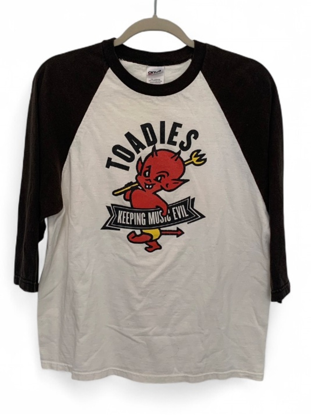 Vintage Anvil Black & White Toadies Raglan Tee with Red Devil Graphic